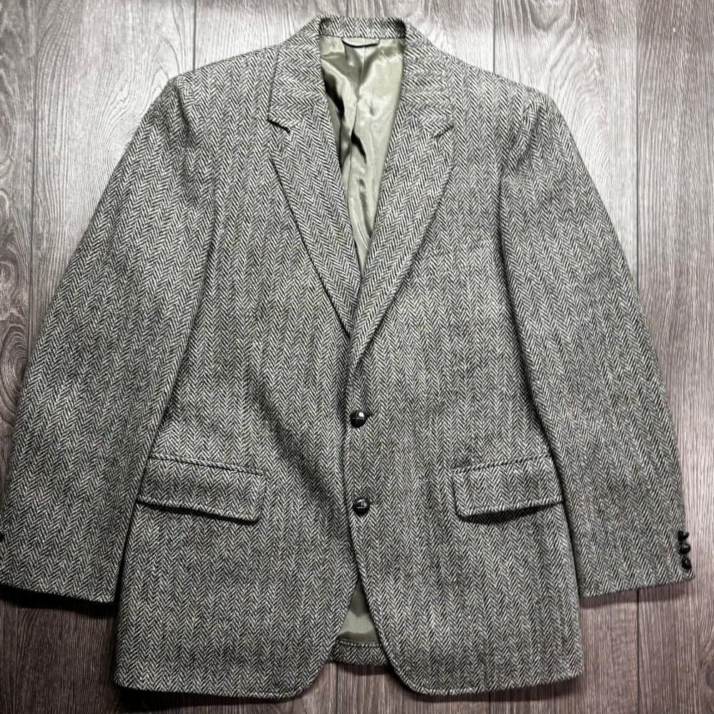 Vintage Harris Tweed Wool Blazer Mens 44 Grey Herringbone Sport Coat Scotland